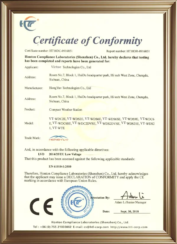 Official Certificate of Conformity and quality assurance for Virtue's precision meteorological and traffic monitoring sensors, ensuring international compliance.