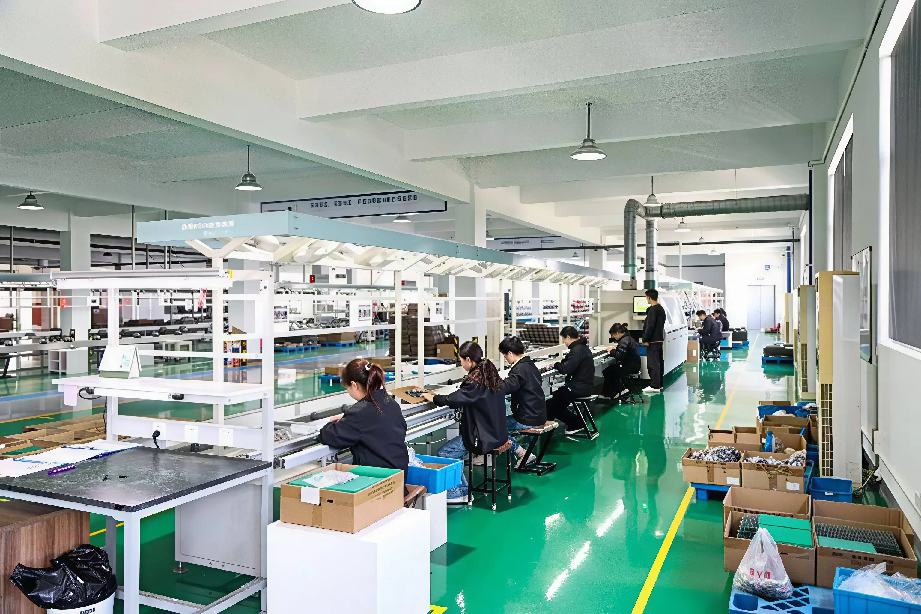 Skilled technicians assembling precision meteorological sensors on our production line, showcasing Virtue's in-house manufacturing and OEM capabilities.